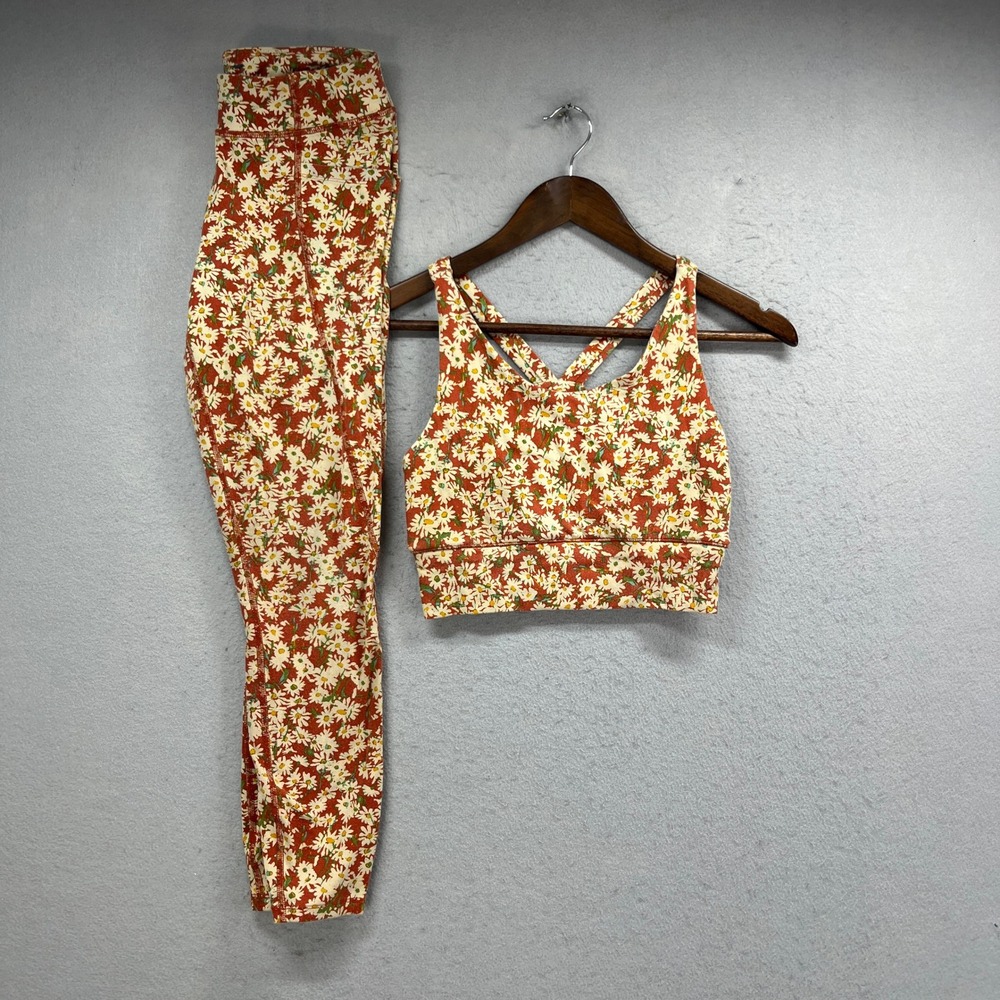 Toad&Co Activewear Set Womens Small Orange Daisy Floral Leggings Sports Bra Yoga